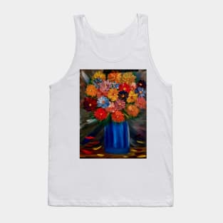 Some a lovely simple bouquet of flowers in blue vase Painted on a metallic gold and multiple colors blend. Tank Top